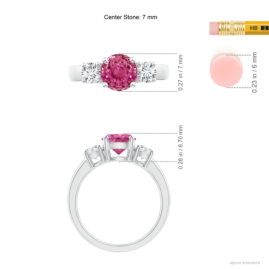 7mm AAAA Classic Pink Sapphire and Diamond Three Stone Engagement Ring in P950 Platinum ruler