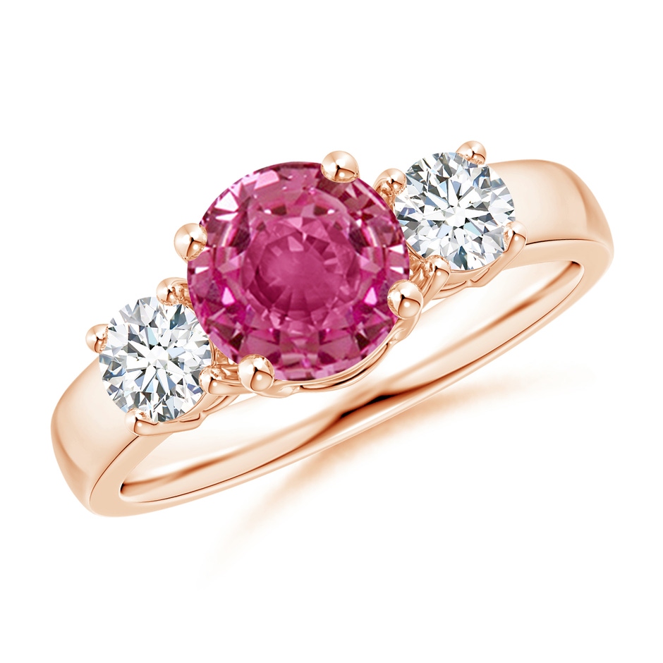 7mm AAAA Classic Pink Sapphire and Diamond Three Stone Engagement Ring in Rose Gold 