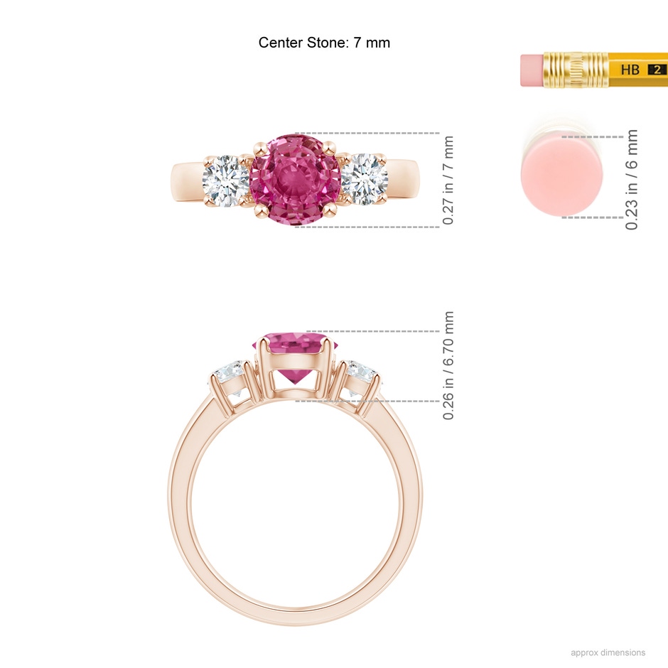 7mm AAAA Classic Pink Sapphire and Diamond Three Stone Engagement Ring in Rose Gold ruler