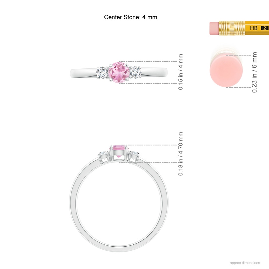 4mm A Classic Pink Tourmaline and Diamond Three Stone Ring in White Gold ruler