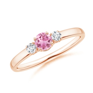 4mm AA Classic Pink Tourmaline and Diamond Three Stone Ring in Rose Gold