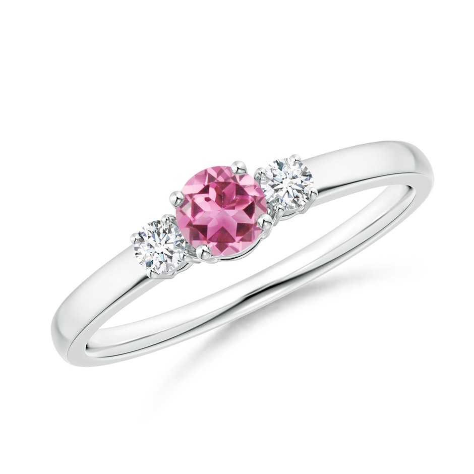 4mm AAA Classic Pink Tourmaline and Diamond Three Stone Ring in White Gold 