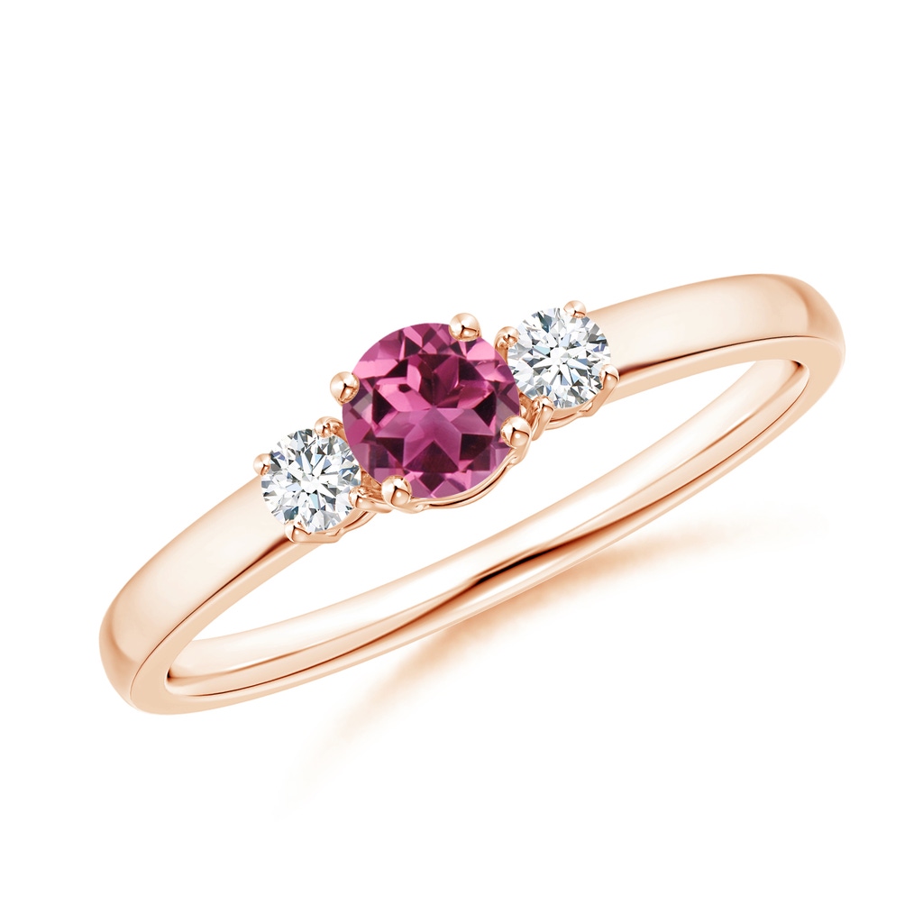 4mm AAAA Classic Pink Tourmaline and Diamond Three Stone Ring in 10K Rose Gold