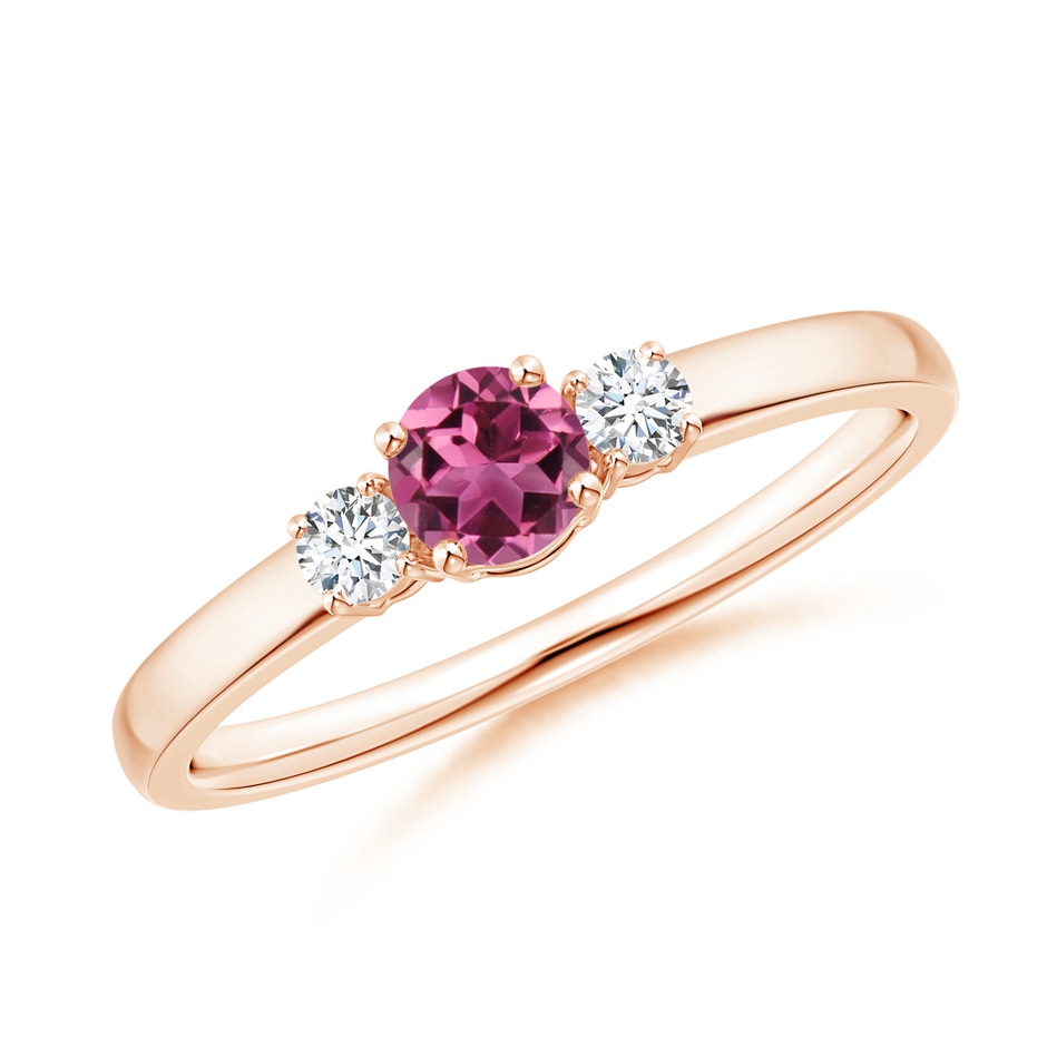 4mm AAAA Classic Pink Tourmaline and Diamond Three Stone Ring in 10K Rose Gold 