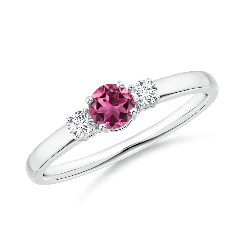 4mm AAAA Classic Pink Tourmaline and Diamond Three Stone Ring in White Gold 