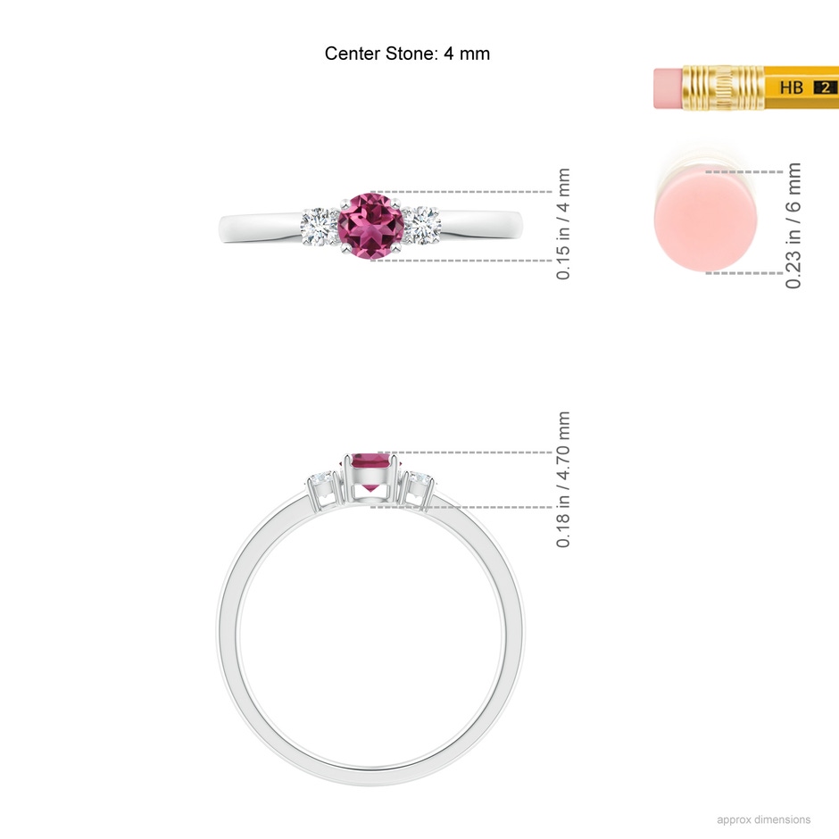 4mm AAAA Classic Pink Tourmaline and Diamond Three Stone Ring in White Gold Ruler