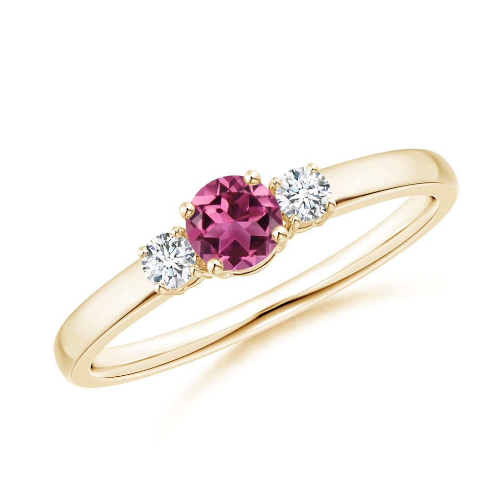 4mm AAAA Classic Pink Tourmaline and Diamond Three Stone Ring in Yellow Gold
