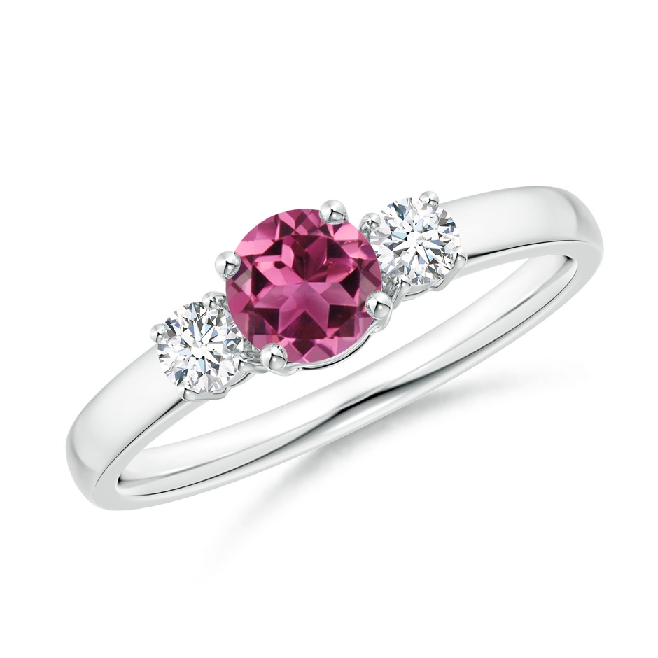 5mm AAAA Classic Pink Tourmaline and Diamond Three Stone Ring in P950 Platinum 