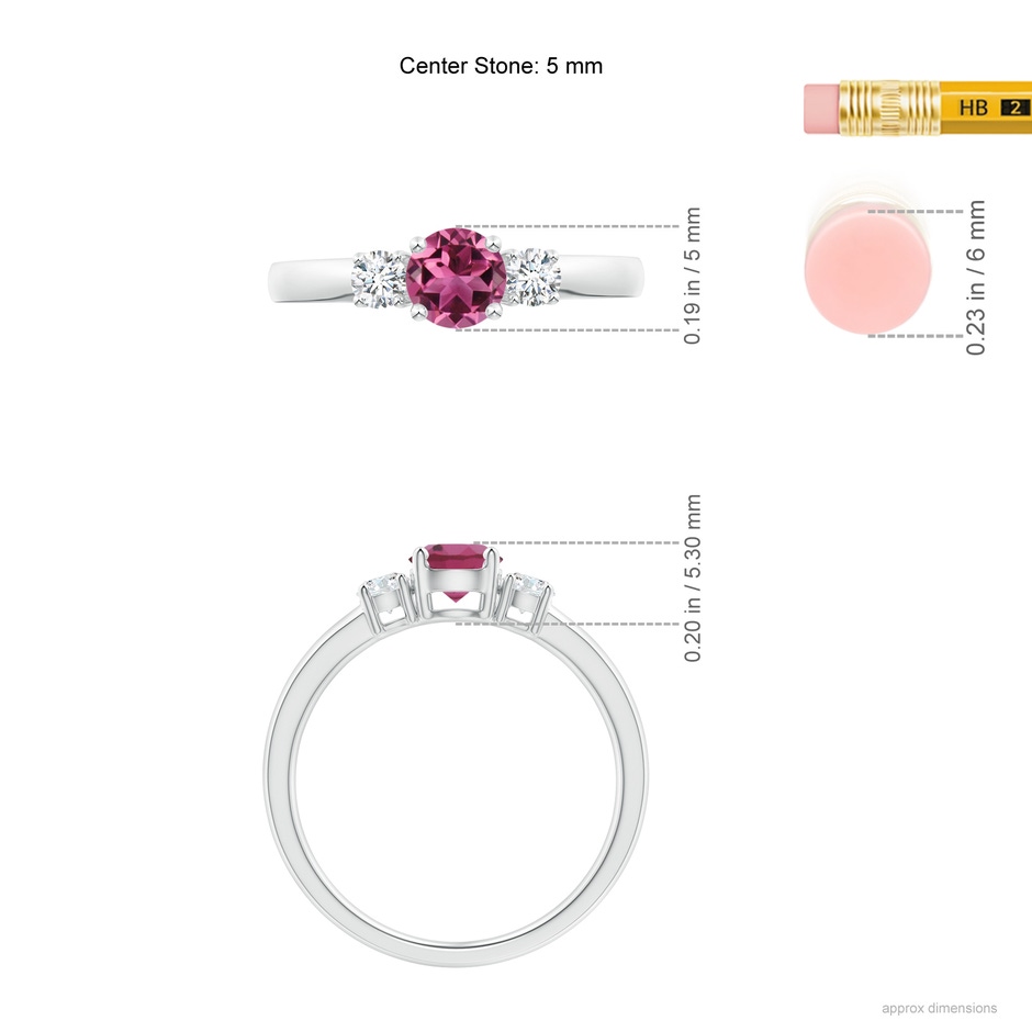 5mm AAAA Classic Pink Tourmaline and Diamond Three Stone Ring in P950 Platinum Ruler