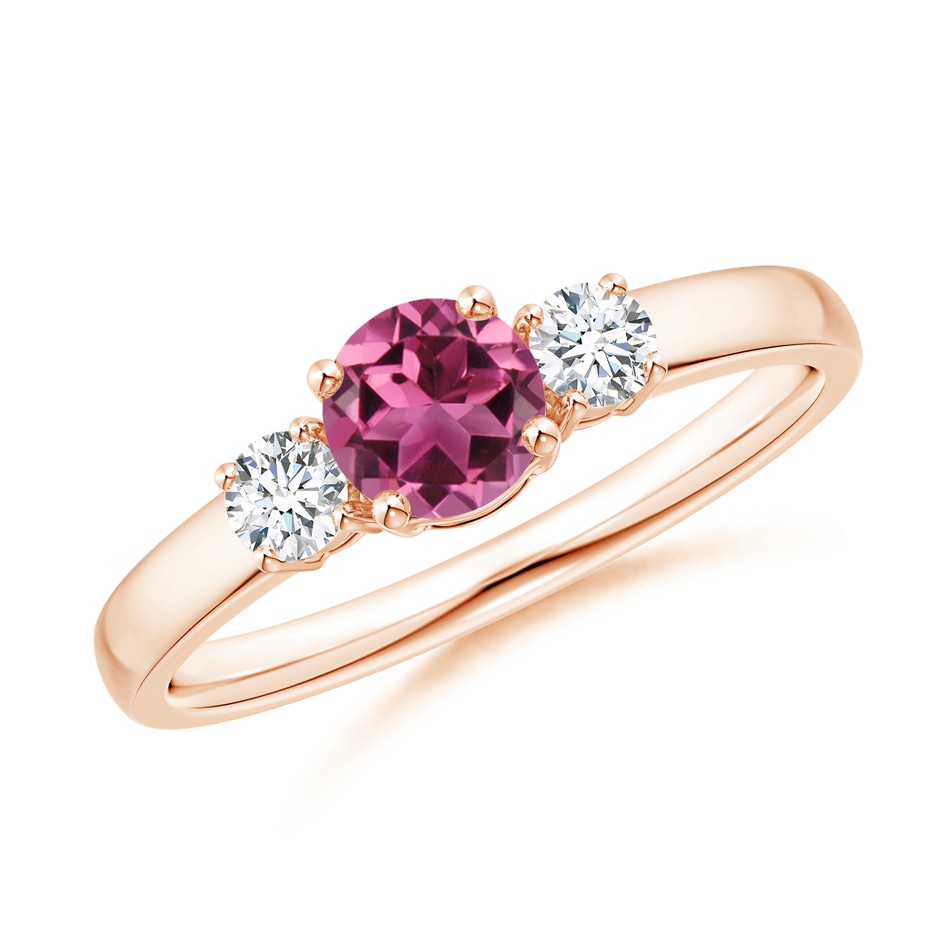5mm AAAA Classic Pink Tourmaline and Diamond Three Stone Ring in Rose Gold 