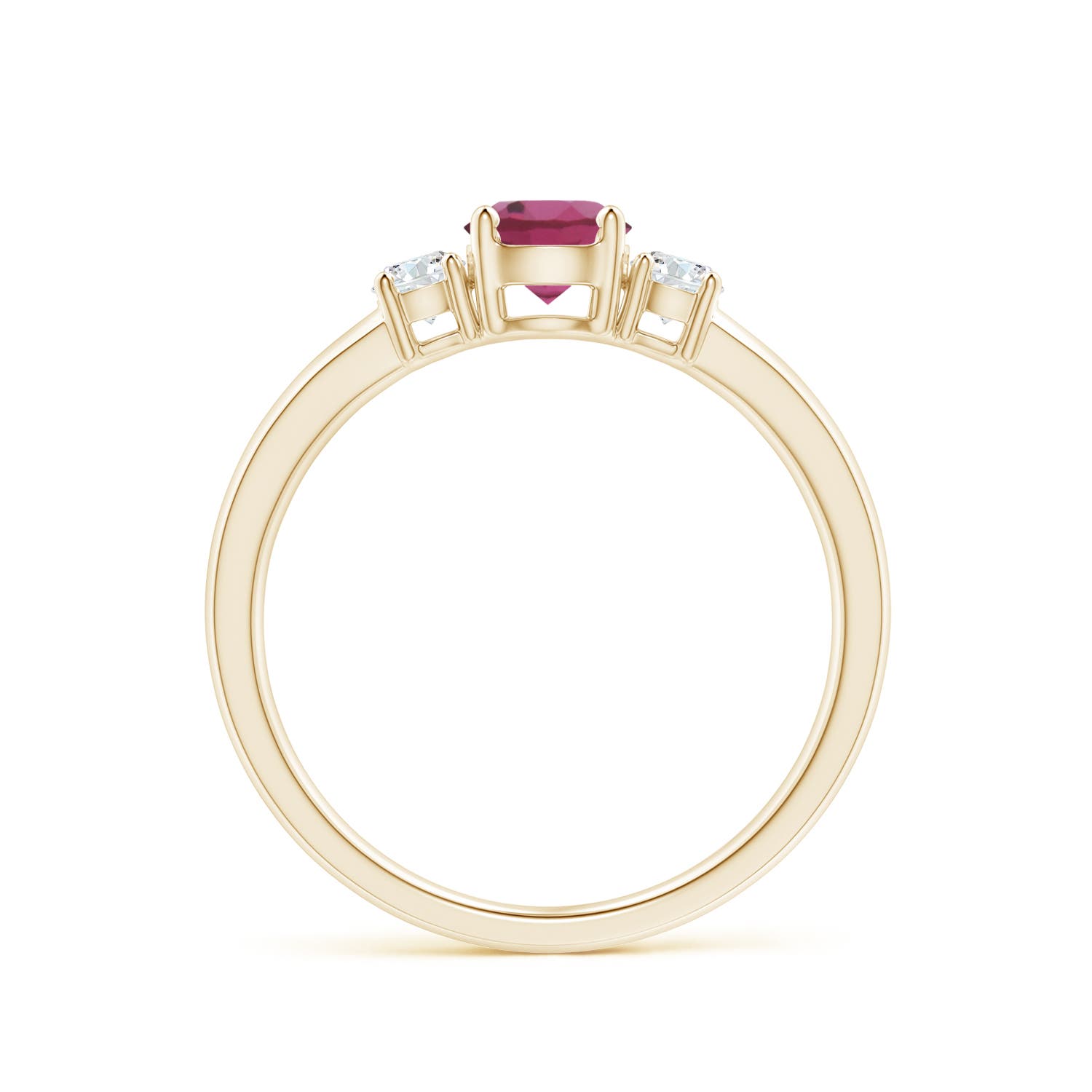 5mm AAAA Classic Pink Tourmaline and Diamond Three Stone Ring in Yellow Gold - side 2