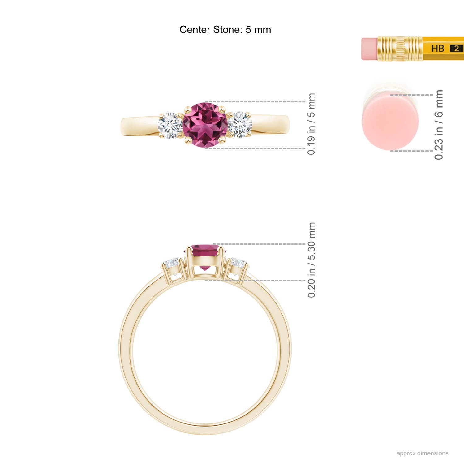 5mm AAAA Classic Pink Tourmaline and Diamond Three Stone Ring in Yellow Gold - ruler