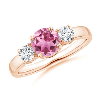 6mm AAA Classic Pink Tourmaline and Diamond Three Stone Ring in Rose Gold