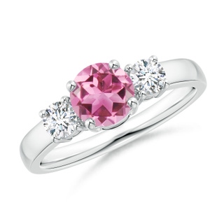 6mm AAA Classic Pink Tourmaline and Diamond Three Stone Ring in White Gold