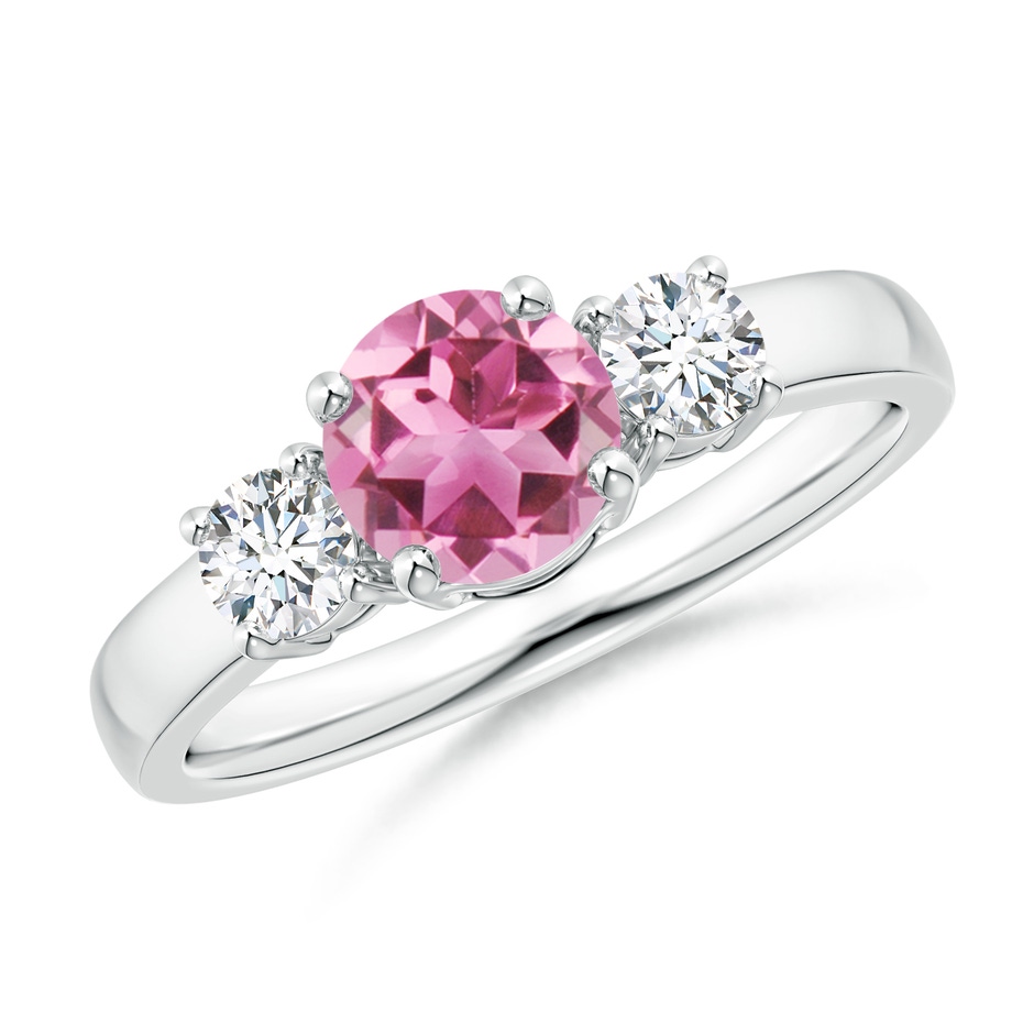 6mm AAA Classic Pink Tourmaline and Diamond Three Stone Ring in White Gold 