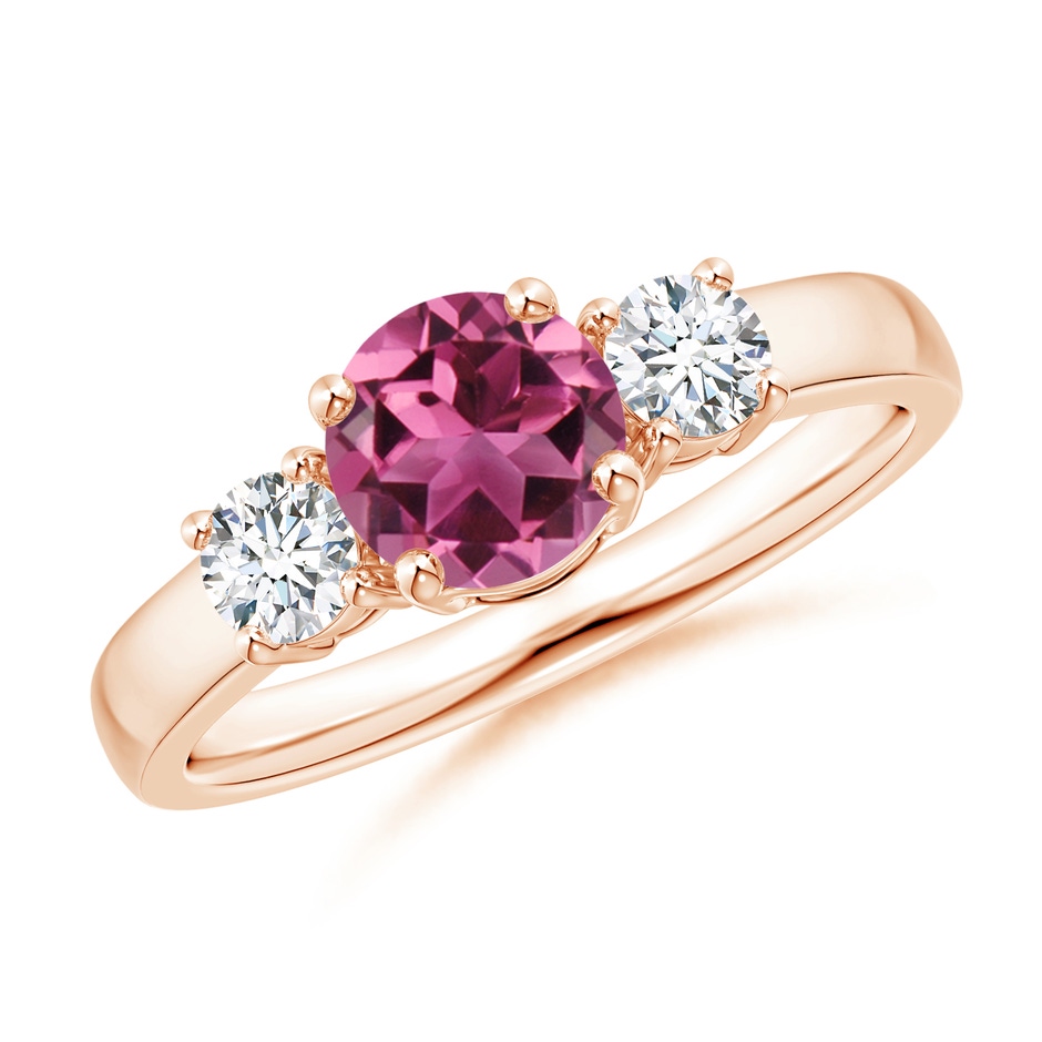 6mm AAAA Classic Pink Tourmaline and Diamond Three Stone Ring in Rose Gold 