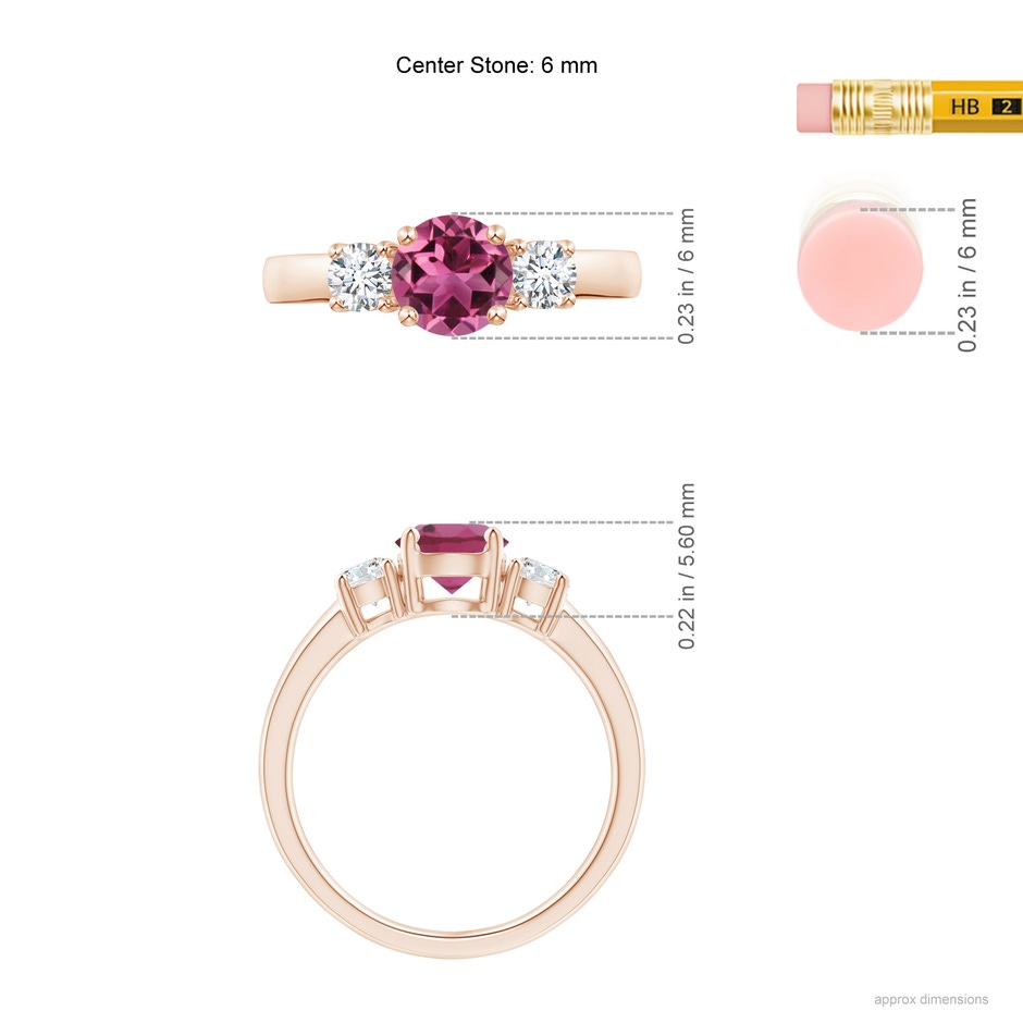 6mm AAAA Classic Pink Tourmaline and Diamond Three Stone Ring in Rose Gold Ruler