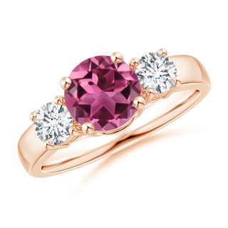 7mm AAAA Classic Pink Tourmaline and Diamond Three Stone Ring in Rose Gold
