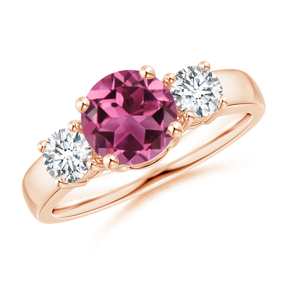 7mm AAAA Classic Pink Tourmaline and Diamond Three Stone Ring in Rose Gold 