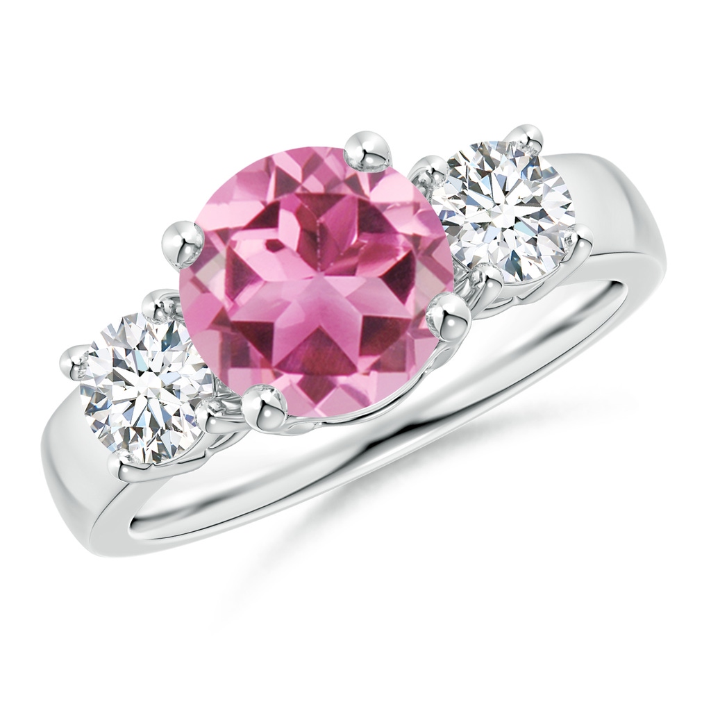 8mm AAA Classic Pink Tourmaline and Diamond Three Stone Ring in White Gold