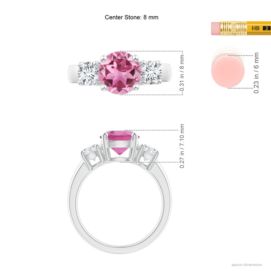 8mm AAA Classic Pink Tourmaline and Diamond Three Stone Ring in White Gold ruler