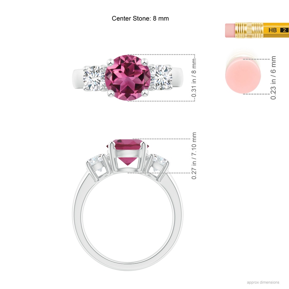 8mm AAAA Classic Pink Tourmaline and Diamond Three Stone Ring in White Gold ruler