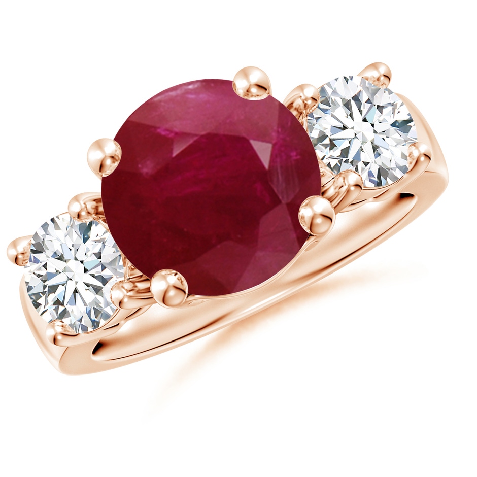 10mm A Classic Ruby and Diamond Three Stone Engagement Ring in Rose Gold 