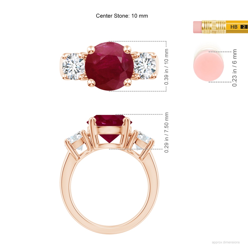 10mm A Classic Ruby and Diamond Three Stone Engagement Ring in Rose Gold ruler