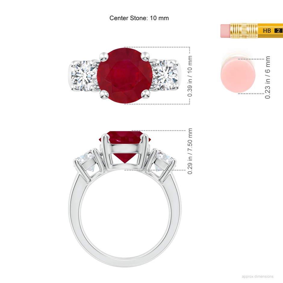10mm AA Classic Ruby and Diamond Three Stone Engagement Ring in P950 Platinum ruler