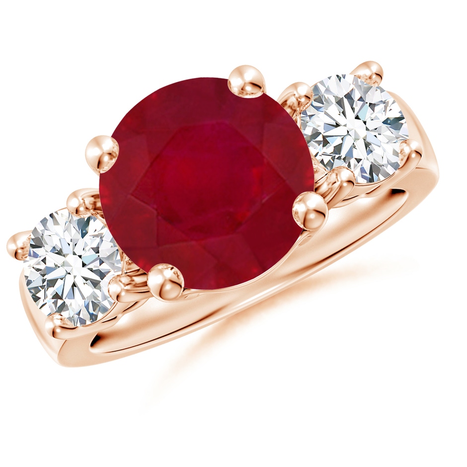 10mm AA Classic Ruby and Diamond Three Stone Engagement Ring in Rose Gold 