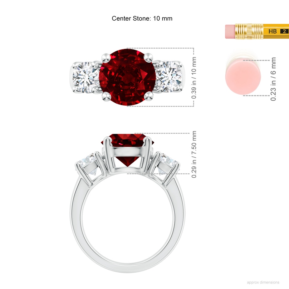 10mm AAAA Classic Ruby and Diamond Three Stone Engagement Ring in P950 Platinum ruler