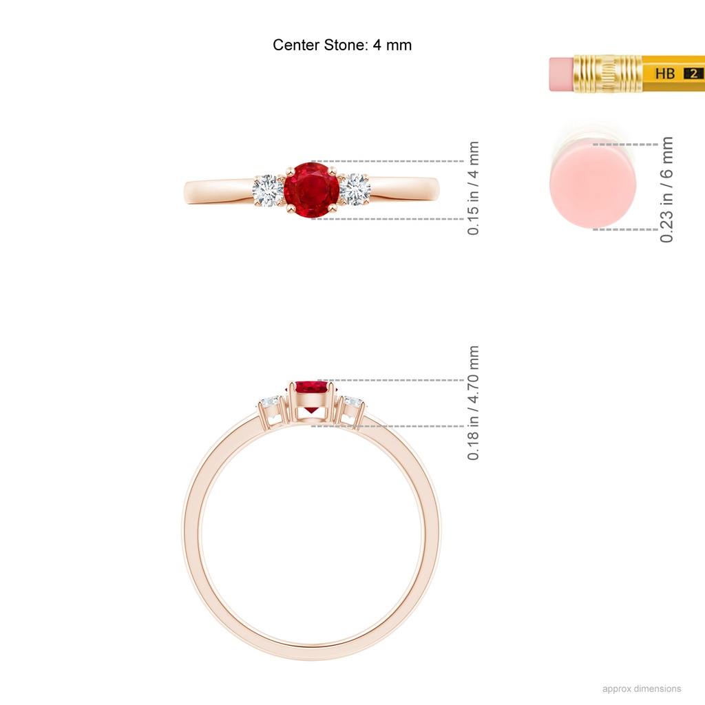 4mm AAA Classic Ruby and Diamond Three Stone Engagement Ring in Rose Gold ruler