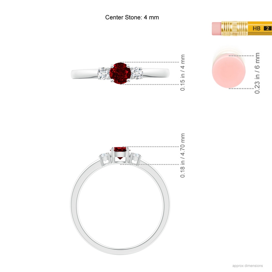 4mm AAAA Classic Ruby and Diamond Three Stone Engagement Ring in White Gold ruler