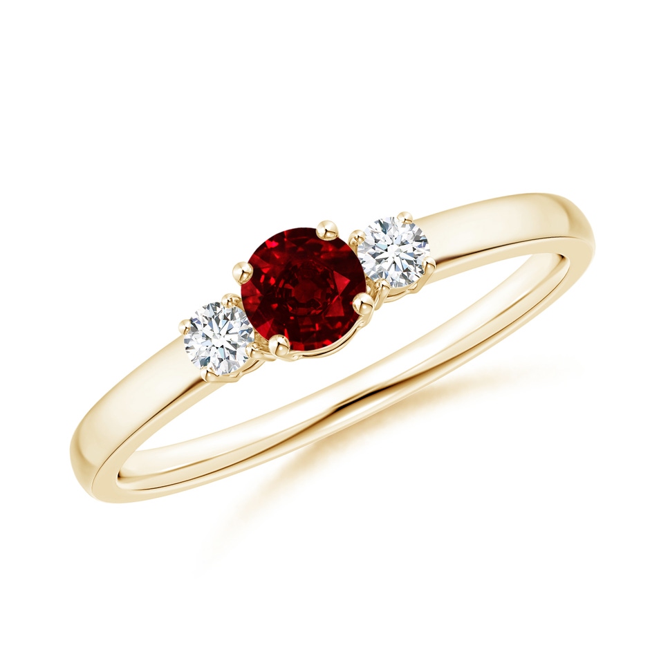 4mm AAAA Classic Ruby and Diamond Three Stone Engagement Ring in Yellow Gold 