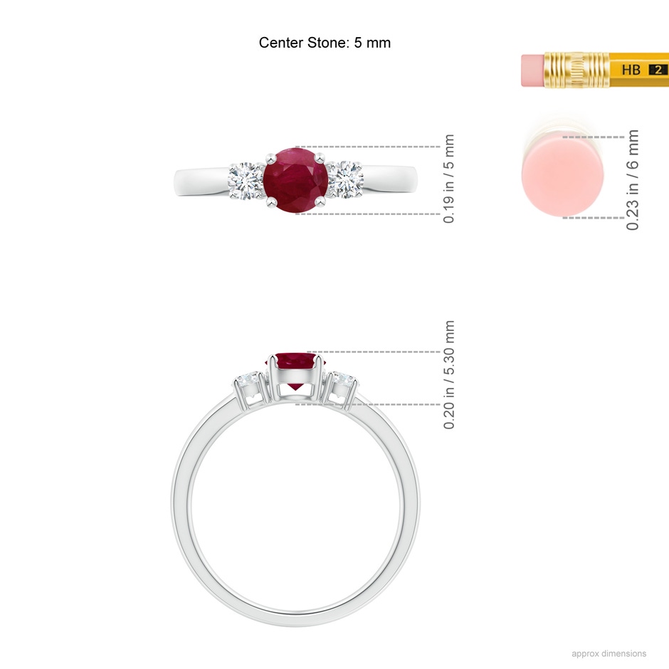 5mm A Classic Ruby and Diamond Three Stone Engagement Ring in White Gold ruler