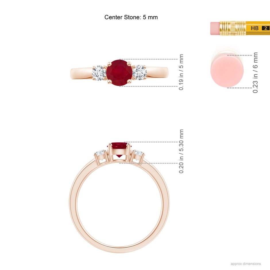 5mm AA Classic Ruby and Diamond Three Stone Engagement Ring in Rose Gold ruler