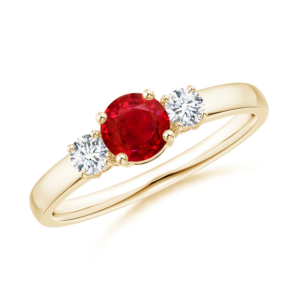 5mm AAA Classic Ruby and Diamond Three Stone Engagement Ring in Yellow Gold 