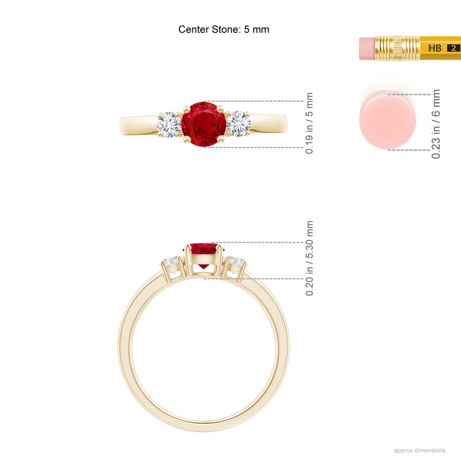 5mm AAA Classic Ruby and Diamond Three Stone Engagement Ring in Yellow Gold ruler