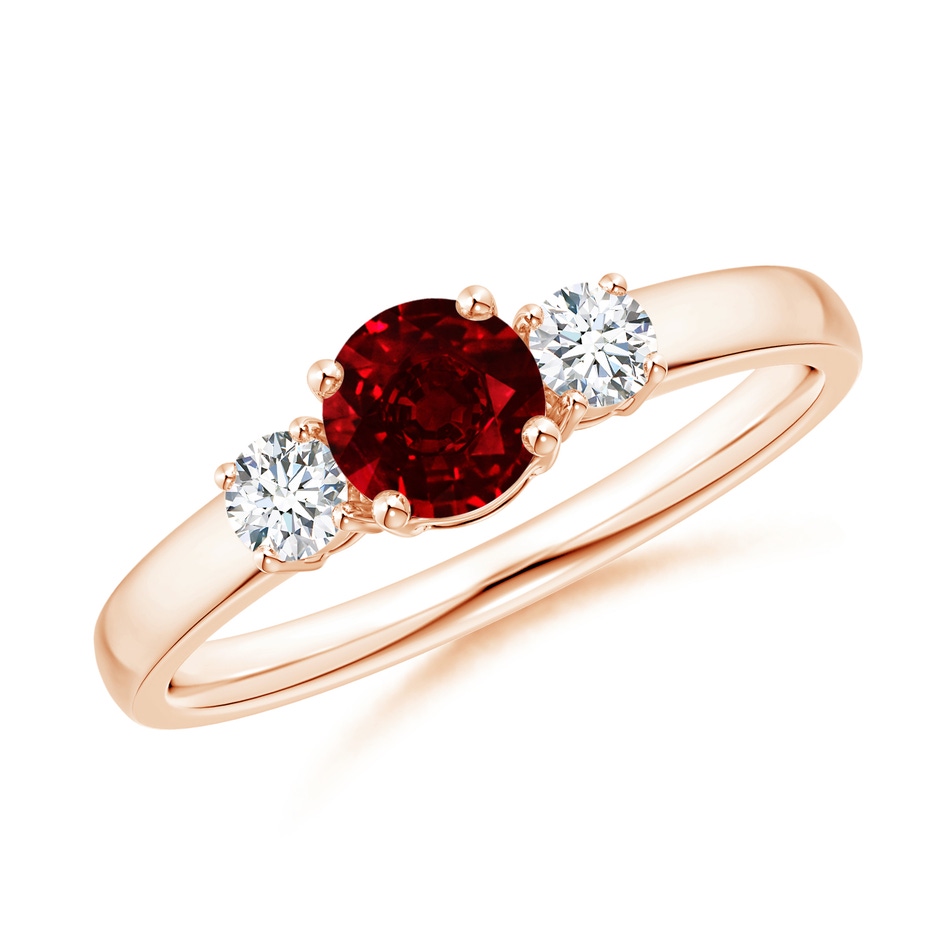 5mm AAAA Classic Ruby and Diamond Three Stone Engagement Ring in Rose Gold 