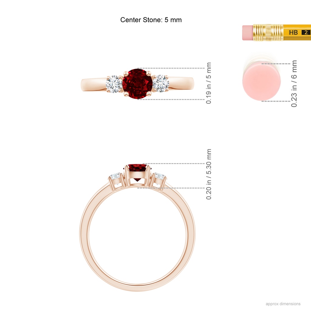 5mm AAAA Classic Ruby and Diamond Three Stone Engagement Ring in Rose Gold ruler