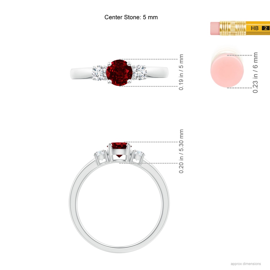 5mm AAAA Classic Ruby and Diamond Three Stone Engagement Ring in White Gold ruler