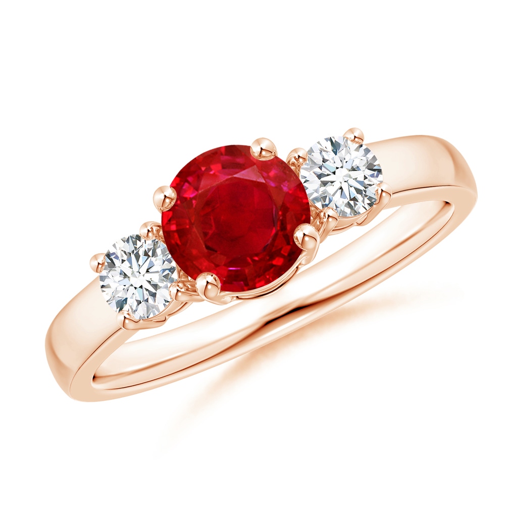 6mm AAA Classic Ruby and Diamond Three Stone Engagement Ring in Rose Gold