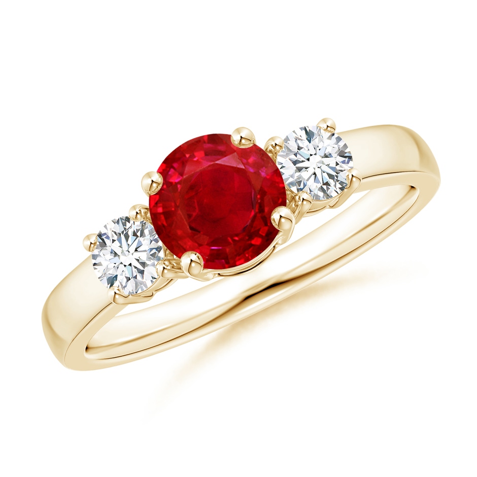 6mm AAA Classic Ruby and Diamond Three Stone Engagement Ring in Yellow Gold 