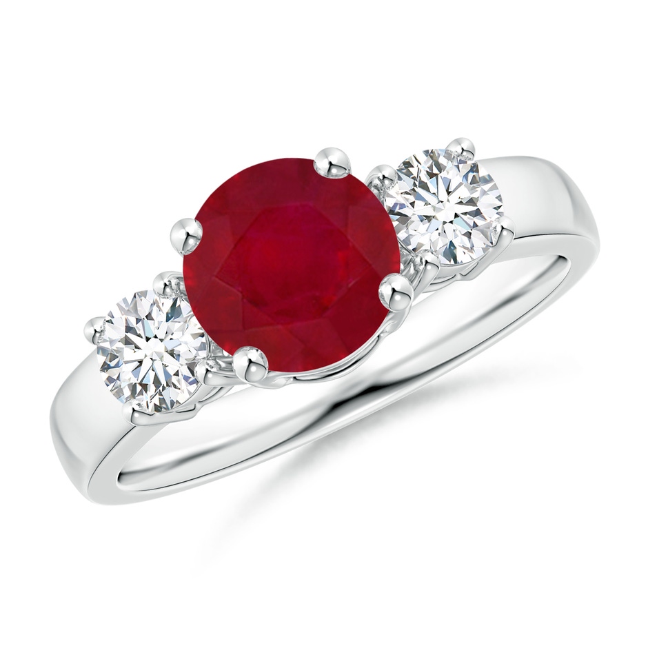 7mm AA Classic Ruby and Diamond Three Stone Engagement Ring in White Gold 