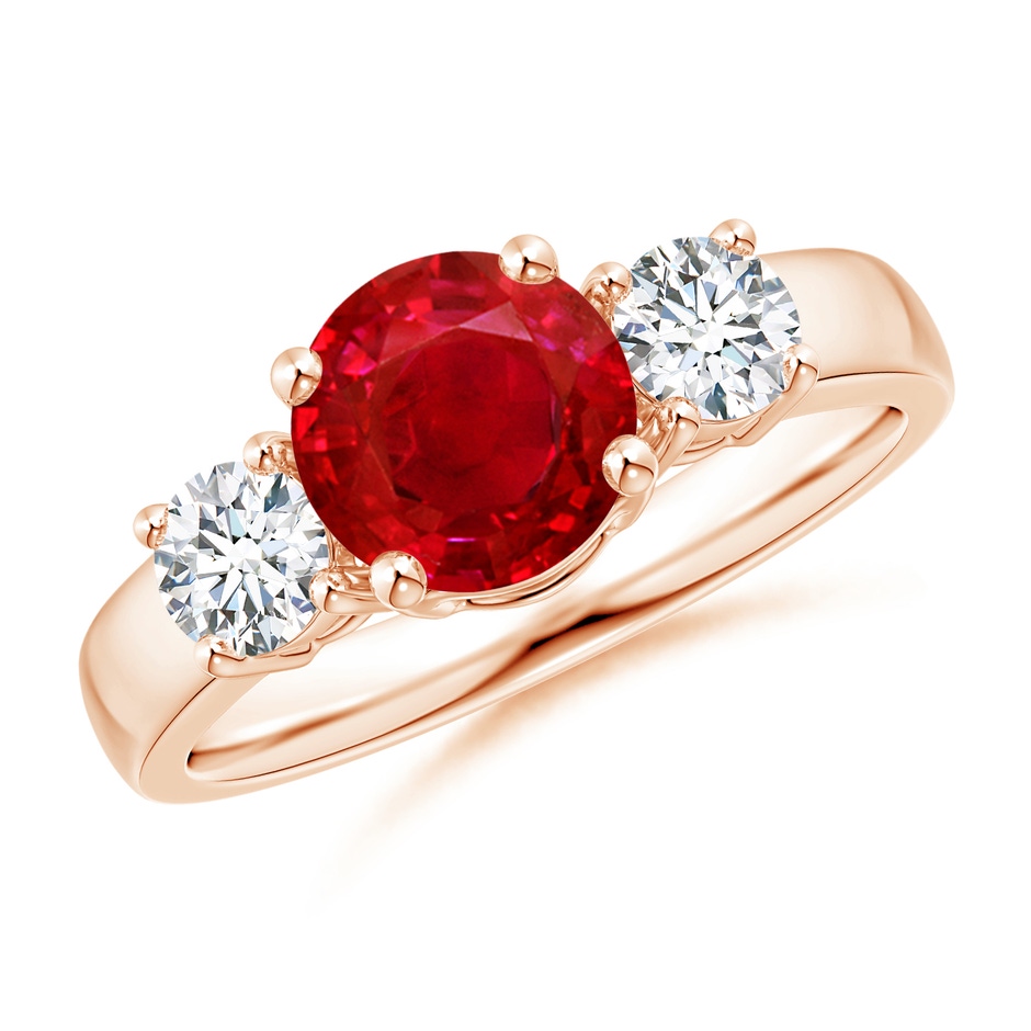 7mm AAA Classic Ruby and Diamond Three Stone Engagement Ring in Rose Gold 
