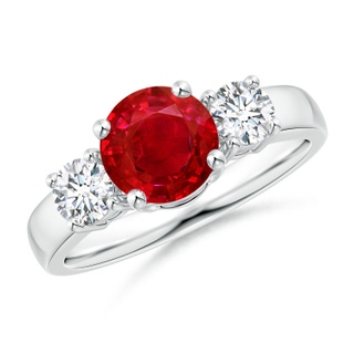 7mm AAA Classic Ruby and Diamond Three Stone Engagement Ring in White Gold