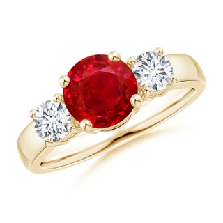 7mm AAA Classic Ruby and Diamond Three Stone Engagement Ring in Yellow Gold