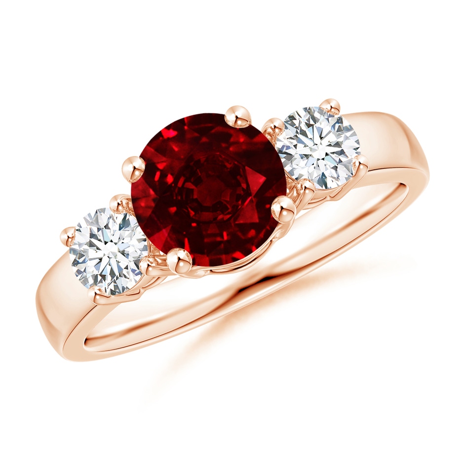7mm AAAA Classic Ruby and Diamond Three Stone Engagement Ring in Rose Gold 