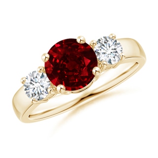 7mm AAAA Classic Ruby and Diamond Three Stone Engagement Ring in Yellow Gold