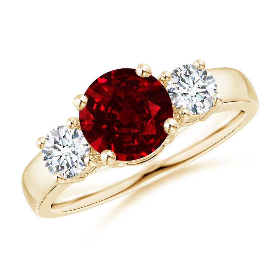 7mm AAAA Classic Ruby and Diamond Three Stone Engagement Ring in Yellow Gold 